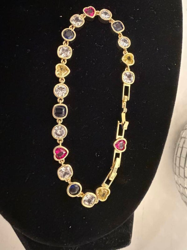 Jewelry - Gold Tone Yellow Gold Plated Link Bracelet Bezel Set Multicolor Crystal Heart
