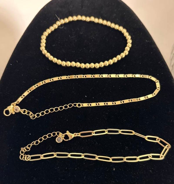 Jewelry - Gold Tone Set of 3 Bracelets Beaded & Link Chain Lobster Adjustable