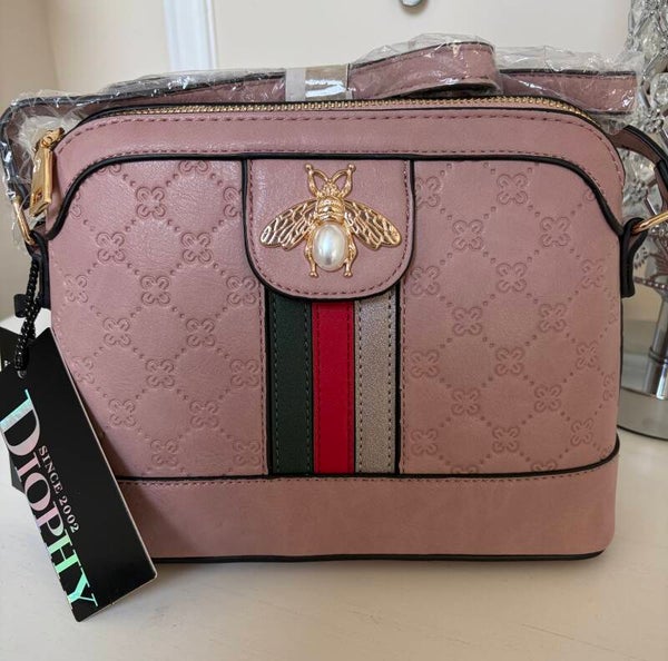 BAG - Pink Embossed Bee Pearl Accent Zip Crossbody Bag