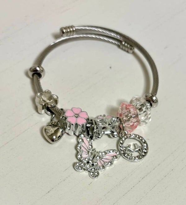 Jewelry - Silver Tone Wire Bangle Charm Bracelet Butterfly Dangle Pink Beads Rhinestone