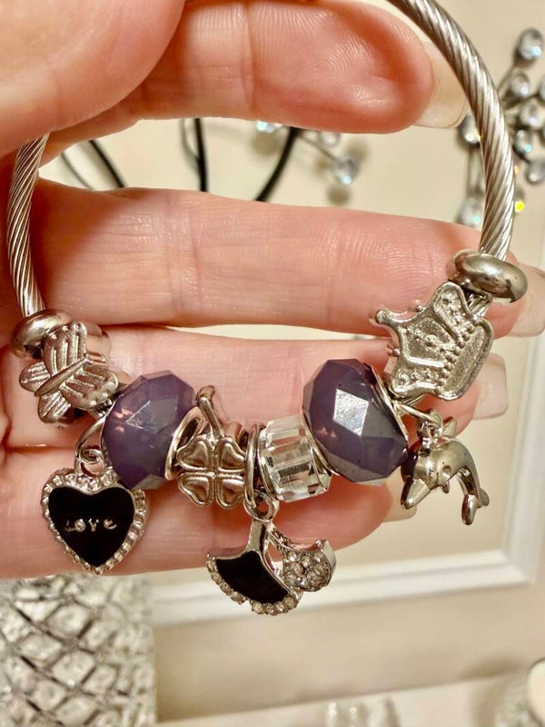 Jewelry - Silver Tone Cable Bangle Charm Bracelet Heart Dangle Purple Beads Hook