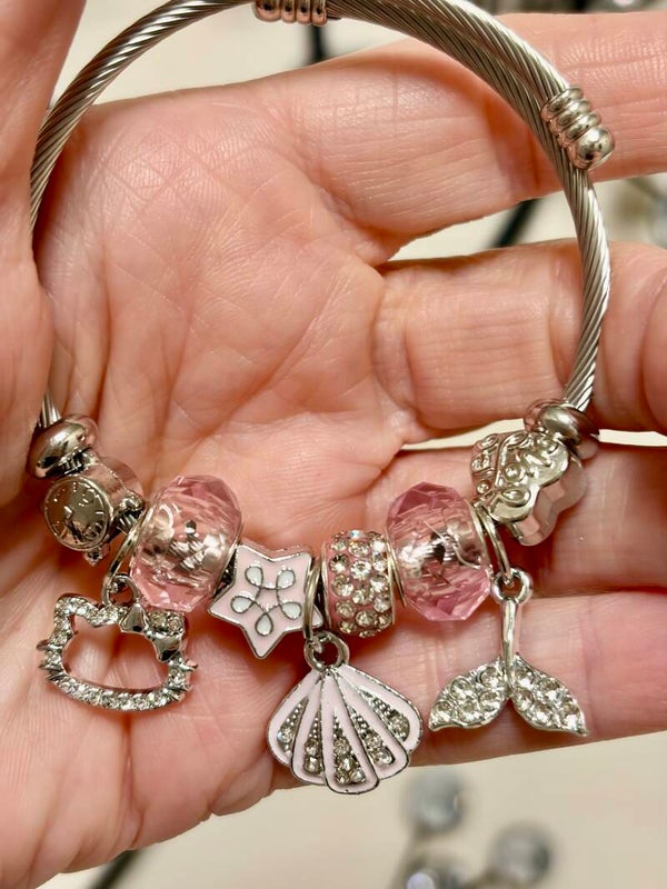 Jewelry - Silver Tone Cable Bangle Charm Bracelet Heart Dangle Pink Crystal Beads Hook