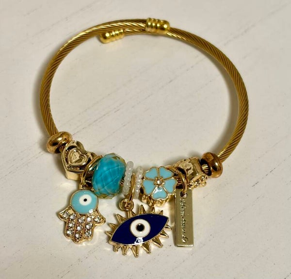 Jewelry - Gold Tone Charm Bangle Bracelet Evil Eye Hamsa Hand Dangle Enamel Luck
