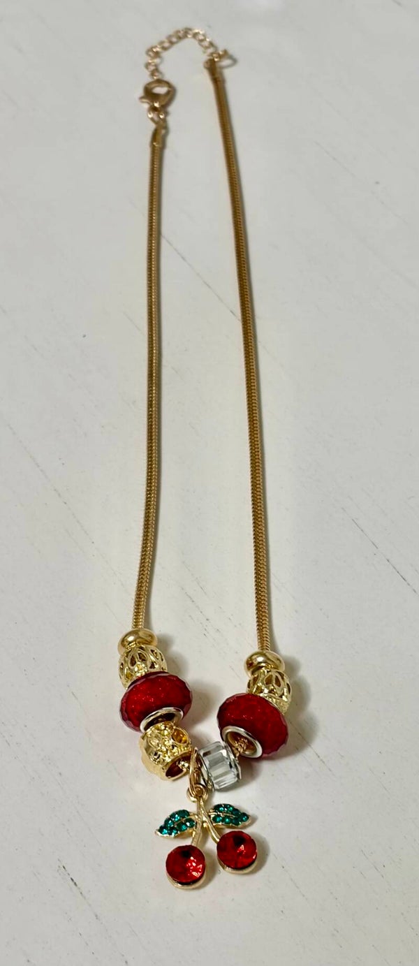 Jewelry - Gold Tone Snake Chain Red Crystal Beads Cherry Charm Pendant Necklace