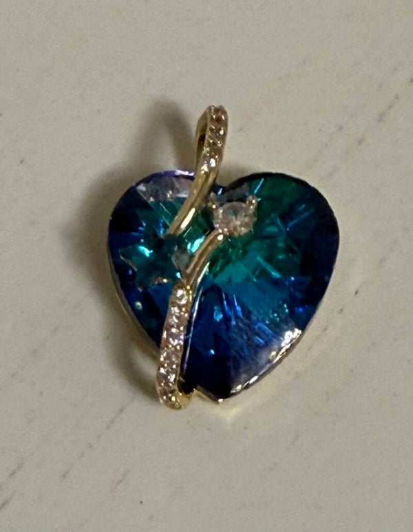 Jewelry - Blue Heart Crystal Charm Pendant, Yellow Gold Plated, Prong Set Accent Crystal