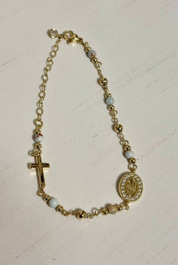 Jewelry - Gold Tone Cable Chain Rosary Charm Bracelet Cross Dangle Medallion Lobster