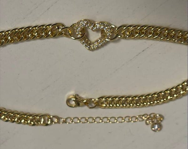 Jewelry - Gold Tone Curb Link Chain Bracelet Pavé Clear Heart Dangle Adjustable Lobster