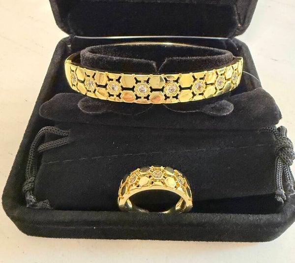 Jewelry - Gold Tone Yellow Gold Cubic Zirconia Set Bracelet Ring Clear Round
