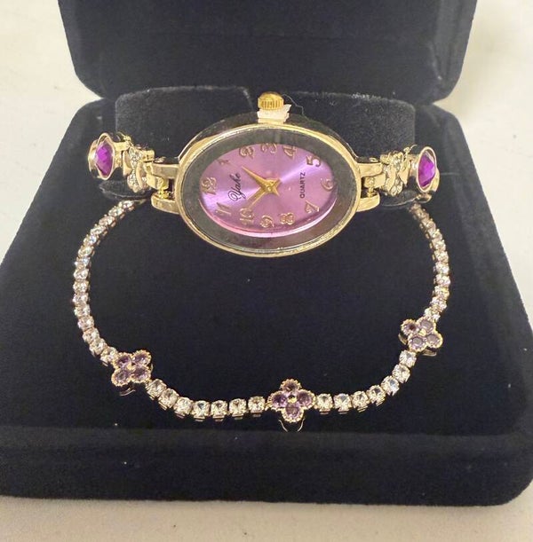 Watch - Women’s Gold-Tone Bracelet Watch Oval Purple Face with Fashion Bracelet w/o Box