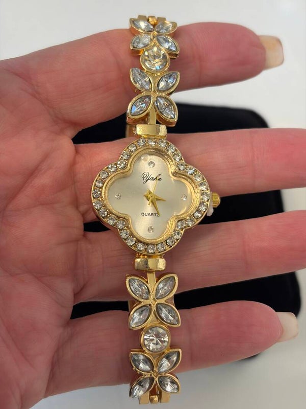 Watch - Yake Quartz Women’s Gold-Tone Bracelet Watch Gold Dial Gem-Set Bezel Dot