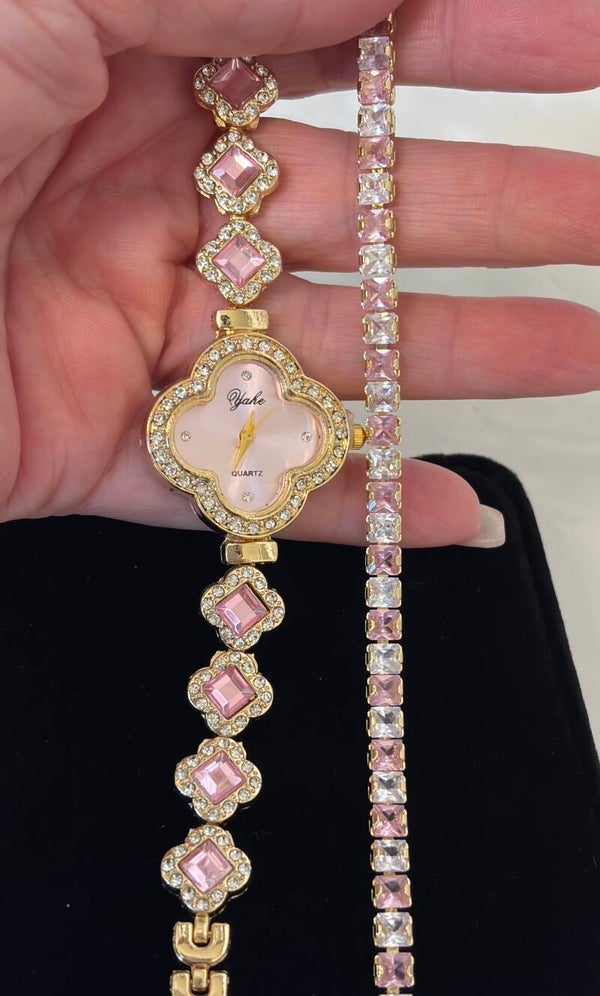 Watch - Yake Women’s Quartz Bracelet Watch Pink Dial Clover Gold-Tone Pink Gem-Set Bezel