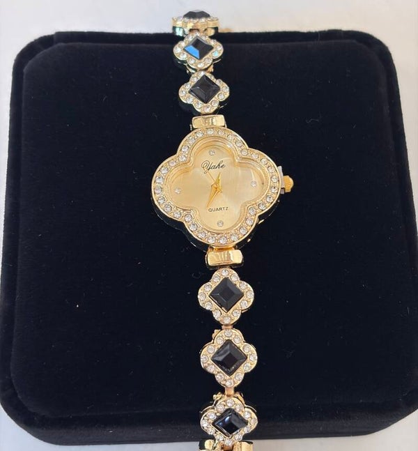 Watch - Yake Women’s Quartz Gold-Tone Flower Bracelet Watch Black Rhinestone