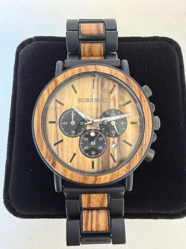 Watch - BOBO BIRD Quartz Chronograph Bracelet Watch Wood Grain Dial Date 24-Hour 44mm