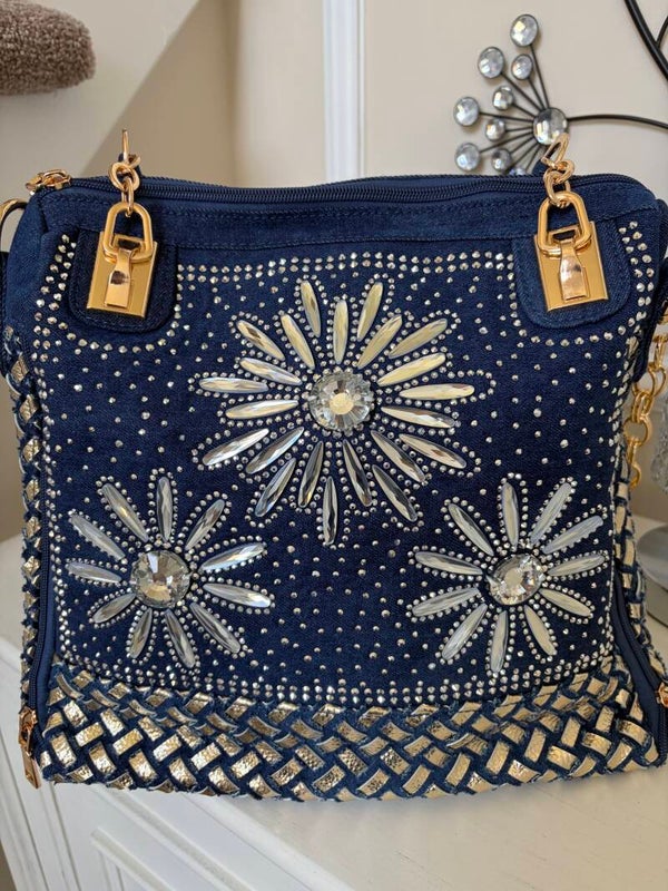 Bag - Blue Floral Rhinestone Zip Shoulder Bag Gold Hardware Chain Strap Detachable