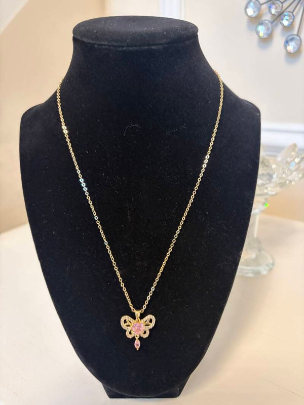 Jewelry - Gold Tone Round Link Chain Butterfly Charm Pendant Necklace Pink Crystal Heart