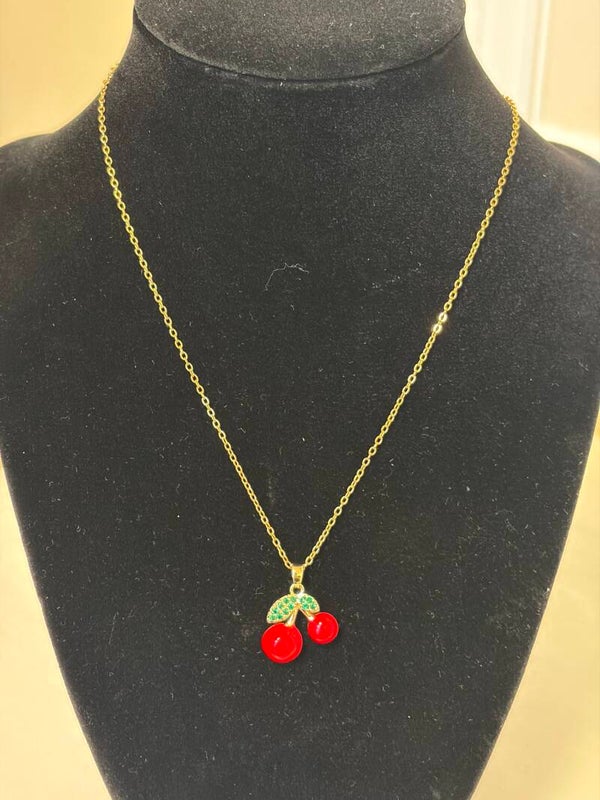 Jewelry - Gold Tone Stainless Steel Cable Chain Cherry Charm Pendant Necklace Adjustable