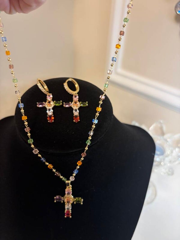 Jewelry - Gold Tone Multicolor Crystal Cross Pendant Necklace & Dangle Earrings Set