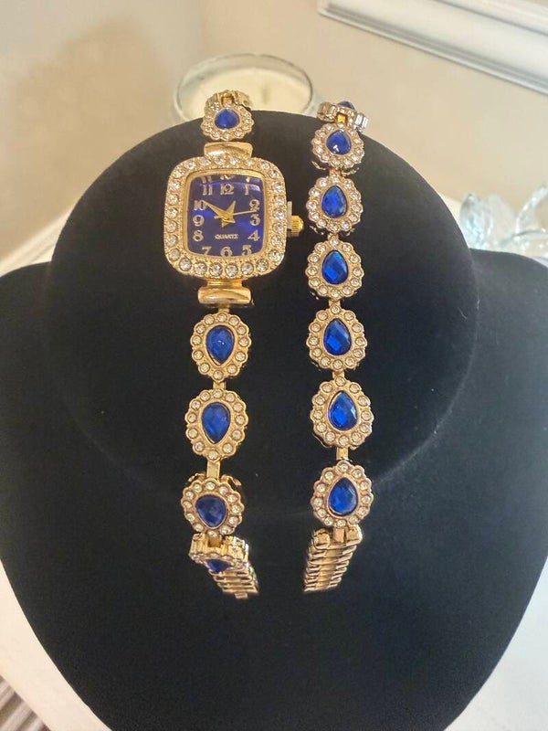 Watch - Women’s Quartz Gold-Tone Square Bracelet Watch Blue Dial Gemmed Bezel & Bracelet
