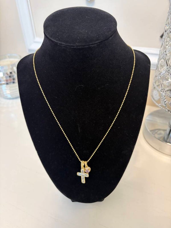 Jewelry - Gold Tone Ball/Bead Chain Cross Charm Pendant Necklace Adjustable Lobster