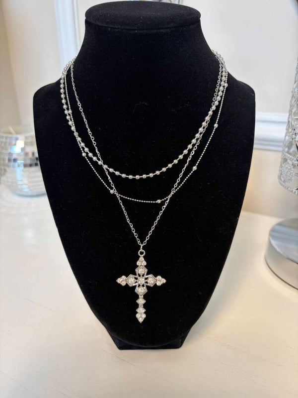 Jewelry - Silver Tone Triple Chain Cross Pendant Necklace, Clear Rhinestones, Adjustable