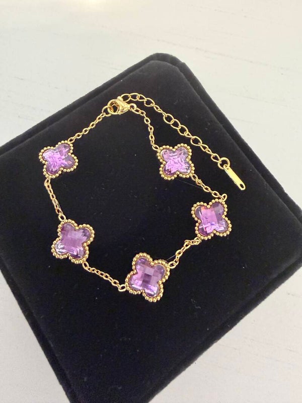 Jewelry - Gold Tone Cable Chain Charm Bracelet Purple Crystal Flower Design