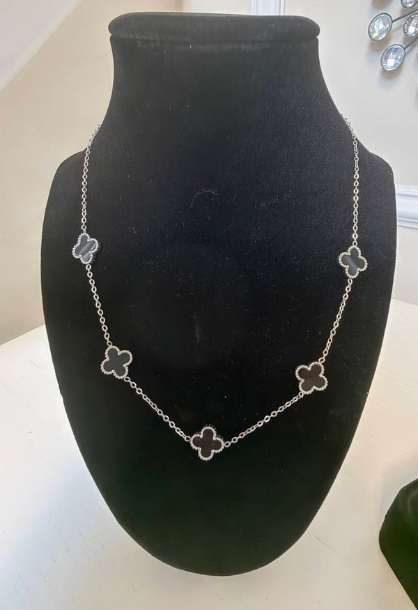 Jewelry - Silver Cable Chain Black Flower Charm Necklace
