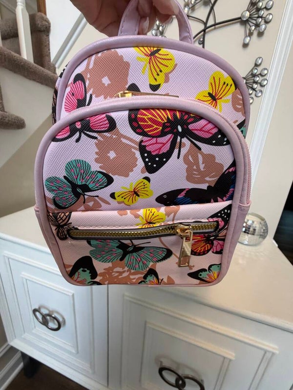 Bag - Pink Butterfly Print Mini Backpack Purse Gold Hardware Zip Closure Inner Pockets