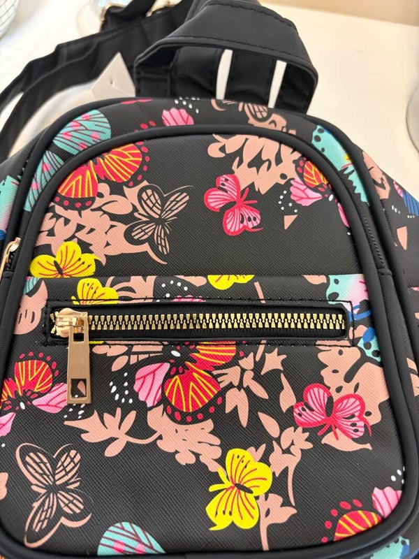 Bag - Black Multicolor Butterfly Floral Mini Backpack Purse Gold Hardware Zip Small