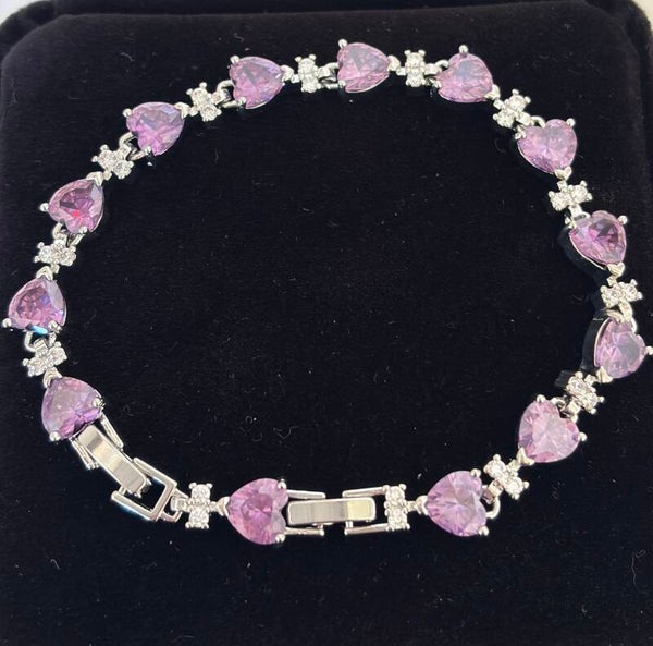 Jewelry - Silver Tone Tennis Link Chain Bracelet Heart Purple Stones Prong Set Box Clasp