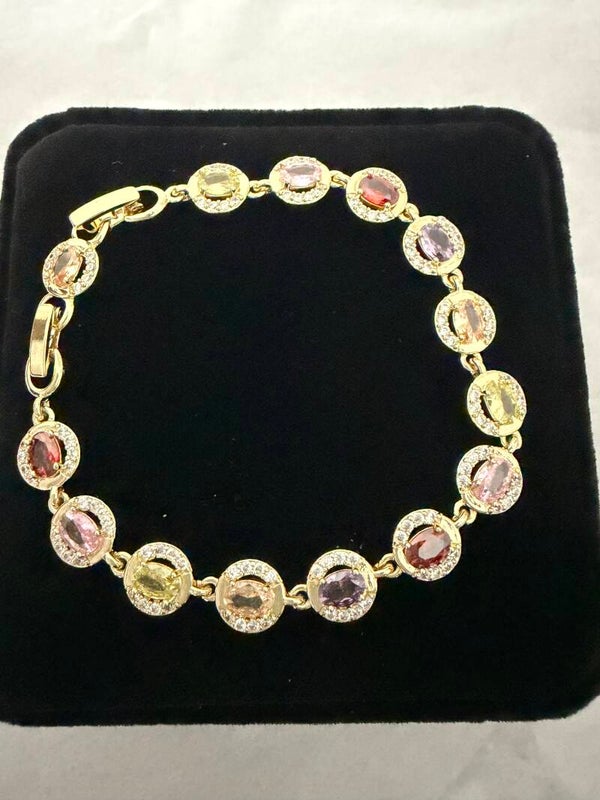 Jewelry - Gold Tone Tennis Link Chain Bracelet Oval Multicolor Crystal