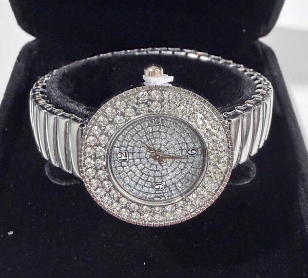 Watch - Women’s Quartz Silver-Tone Rhinestone Bezel Expansion Bracelet Watch 24-27mm
