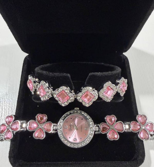 Watch - Yake Quartz Women’s Silver-Tone Flower Bracelet Watch Set Pink Dial Gem Bezel