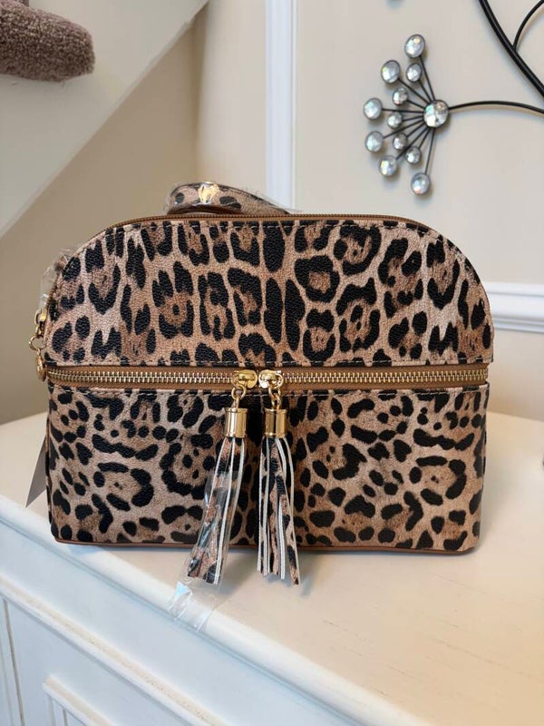 Bags - Leopard Print Zip Crossbody Bag Gold Hardware Tassel Adjustable Strap Pockets