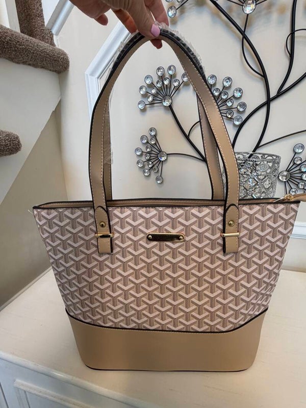 Bag - Beige Tan Geometric Zip Tote Bag Double Handles Pouch