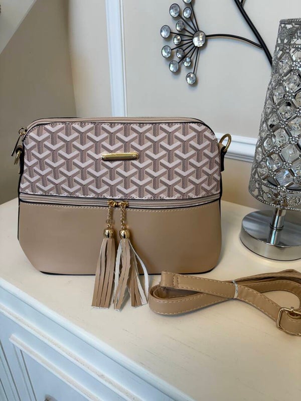 Bag - Beige Taupe Geometric Zip Crossbody Bag Gold Hardware Tassel Detachable Strap