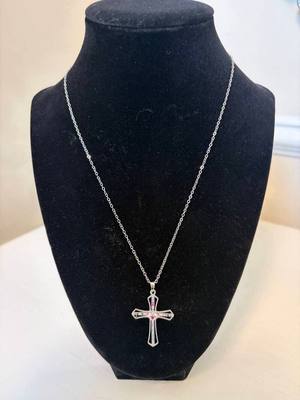 Jewelry - Silver Tone Cross Charm Pendant Necklace Pink Crystal Multicolor