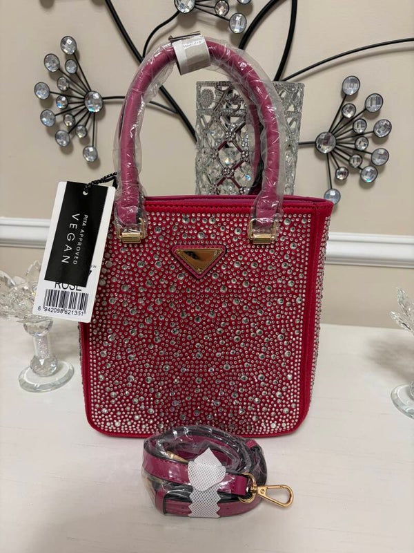 Handbag - Pink Rhinestone Studded Zip Satchel Top Handle Bag Gold Hardware
