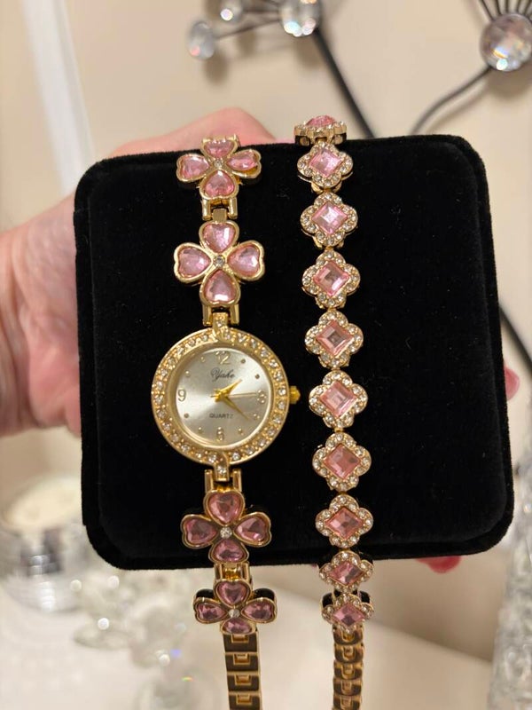 Watch - Yale Quartz Women’s Gold-Tone Gemmed Flower Bracelet Watch Set Round Face