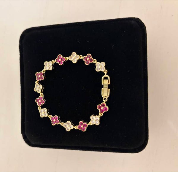 Jewelry - Gold Tone Flower Link Chain Charm Bracelet White & Pink Crystal Petite Size