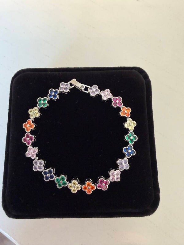 Jewelry - Silver Tone Crystal Flower Link Chain Bracelet Multicolor