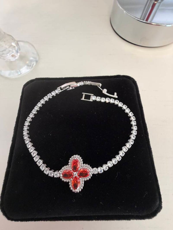 Jewelry - Silver Tone Tennis Link Chain Bracelet Flower Charm Red Marquise Stones Box