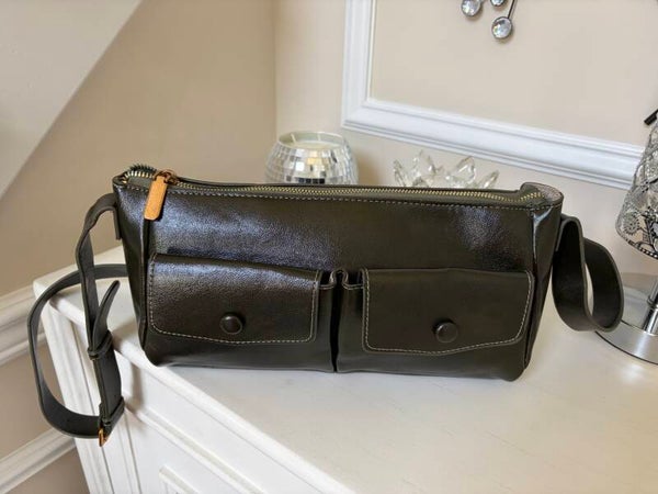Bag - Olive Green Solid Zip Shoulder Bag Adjustable Strap Lined Inner Pockets