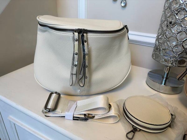 Bag - Cream Pebbled Zip Crescent Belt Bag Crossbody Strap Silver Coin Purse