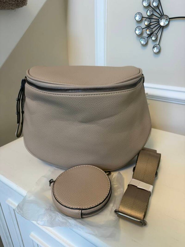 Bag - Taupe Pebbled Zip Crescent Crossbody Bag Gunmetal Hardware Adjustable Strap