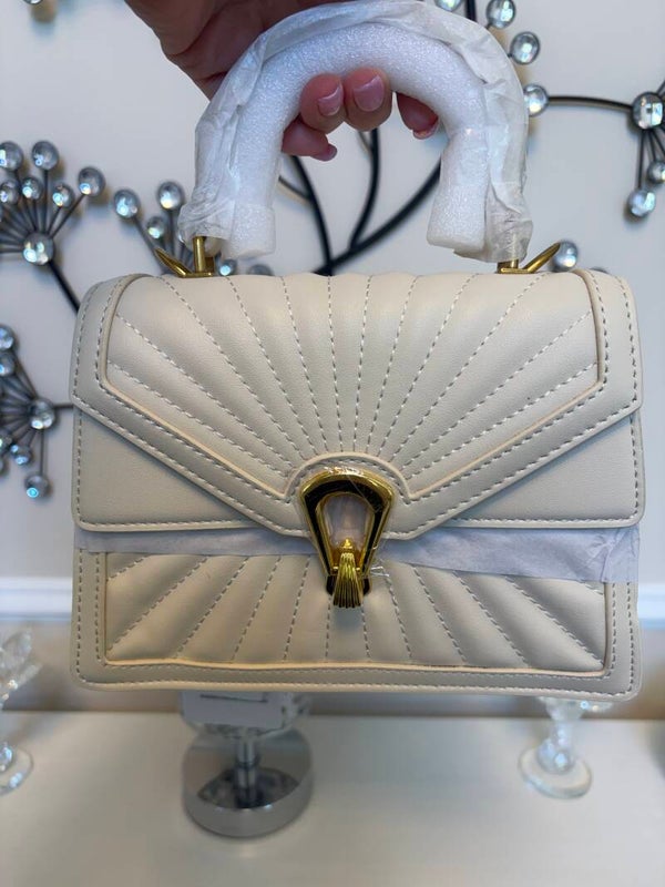 Bag - Scarleton Beige Quilted Top Handle Satchel Bag Gold Hardware Turn Lock Zip Small