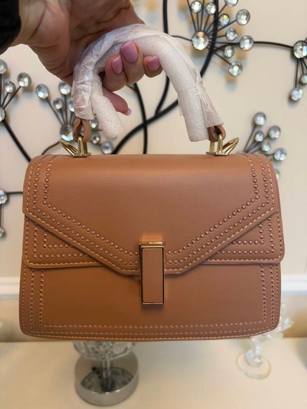 Bag - Scarleton Tan/Blush Satchel Top Handl e Bag Push Lock Gold Hardware