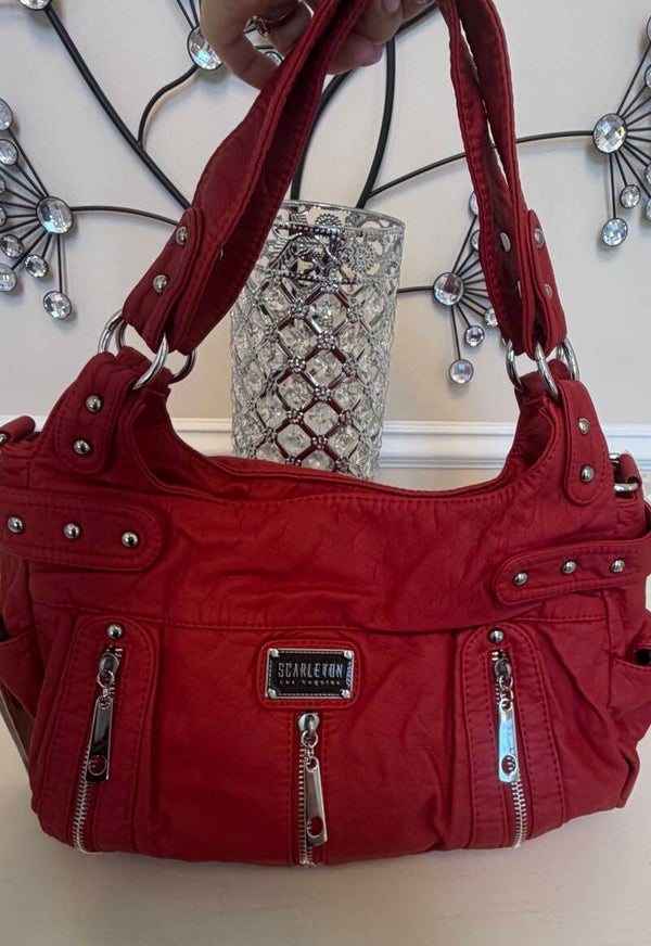 Bag - Scarleton Red Studded Zip Shoulder Bag Silver Hardware. Detachable Strap Lined