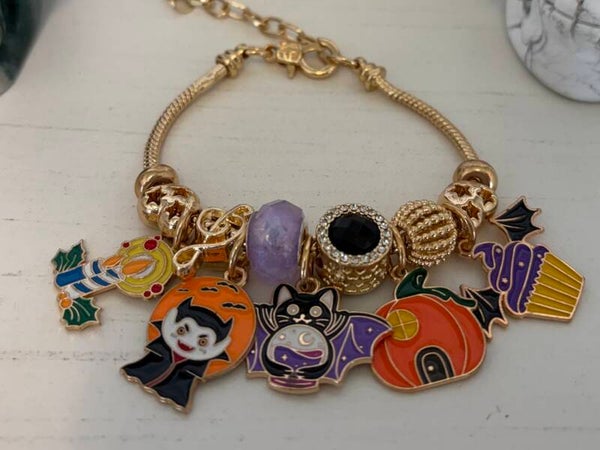 Halloween - Gold Tone Halloween Charm Bracelet Enamel Dangles Crystal Adjustable