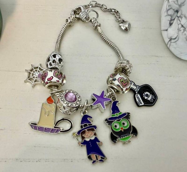 Halloween - Silver Tone Charm Bracelet Halloween Dangle Charms Purple Crystal Green Owl