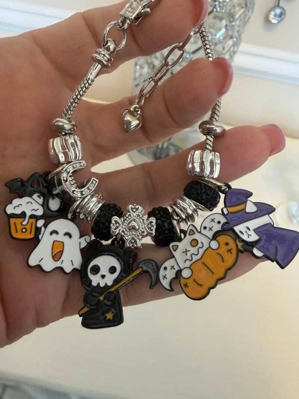 Halloween - Silver Tone Charm Bracelet Halloween Enamel Dangle Adjustable Grim Reaper Ghost